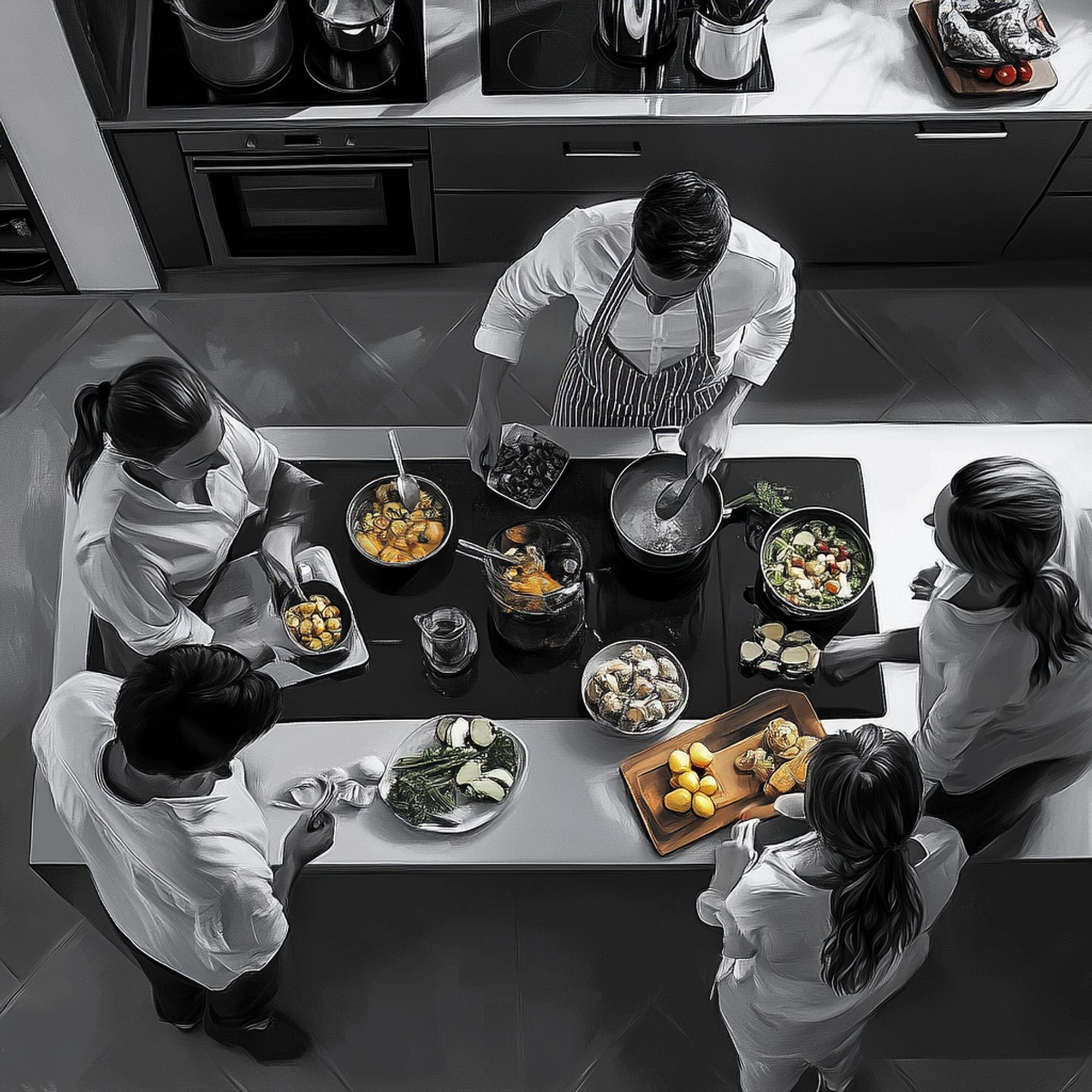Workshop class with chefs around stainless table
